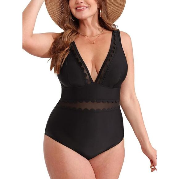 Cupshe Swimsuit Black One Piece Women XL Swim Mesh Scalloped Padded Beach Resort - Picture 1 of 7